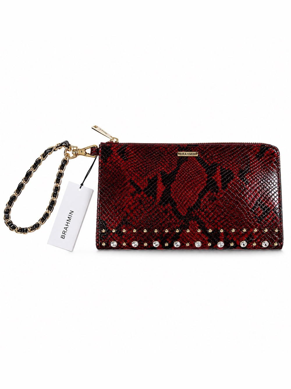 Brahmin Daisy Red Grandeur Embossed Leather Crystal Studded Wristlet NWT